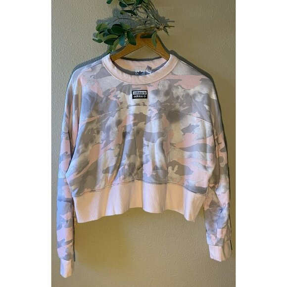 COPY - Adidas Originals Camo Cropped Sweater Top Large White Pink Grey Long Sle… - Picture 1 of 8